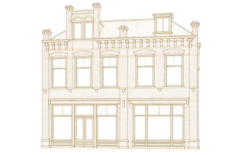 Gravure van de echte gevel van De Appel 2.0 aan de Langestraat 29